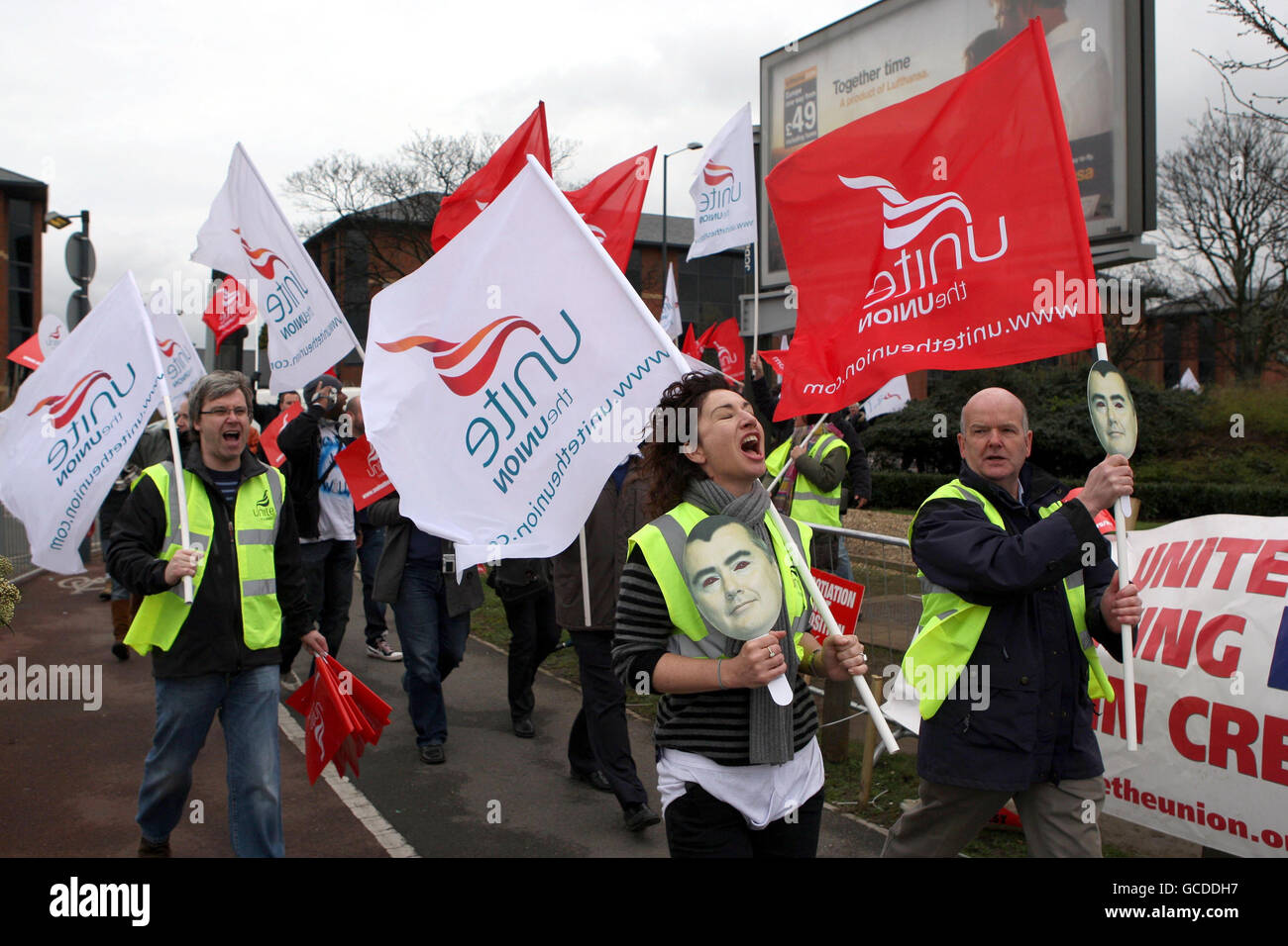 Striking British Airways cabin crew march down the A4 Bath Road near Heathrow Airport, as the third day of their latest strike takes place. Stock Photo