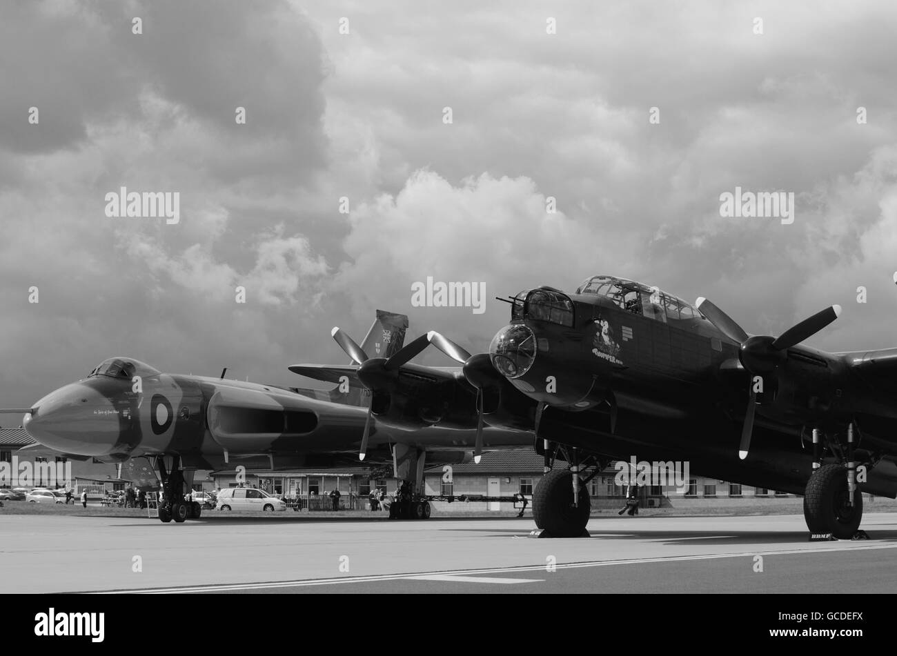 Avro Lancaster PA474, and Avro Vulcan XH558, at RAF Waddington, Three Sisters Event Stock Photo