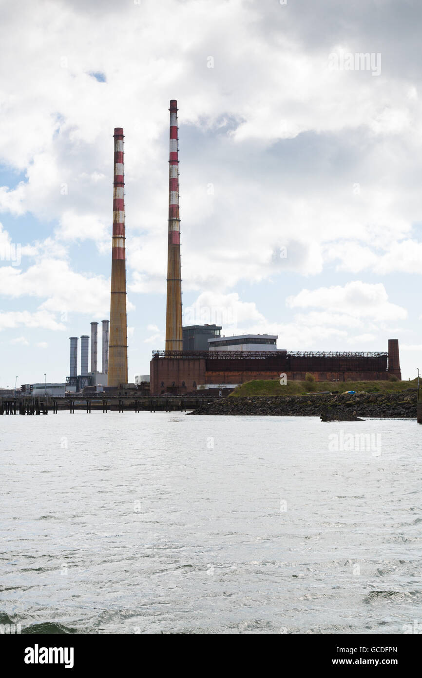 The Poolbeg chimneys viewed from a boat in Dublin bay, Dublin, Ireland