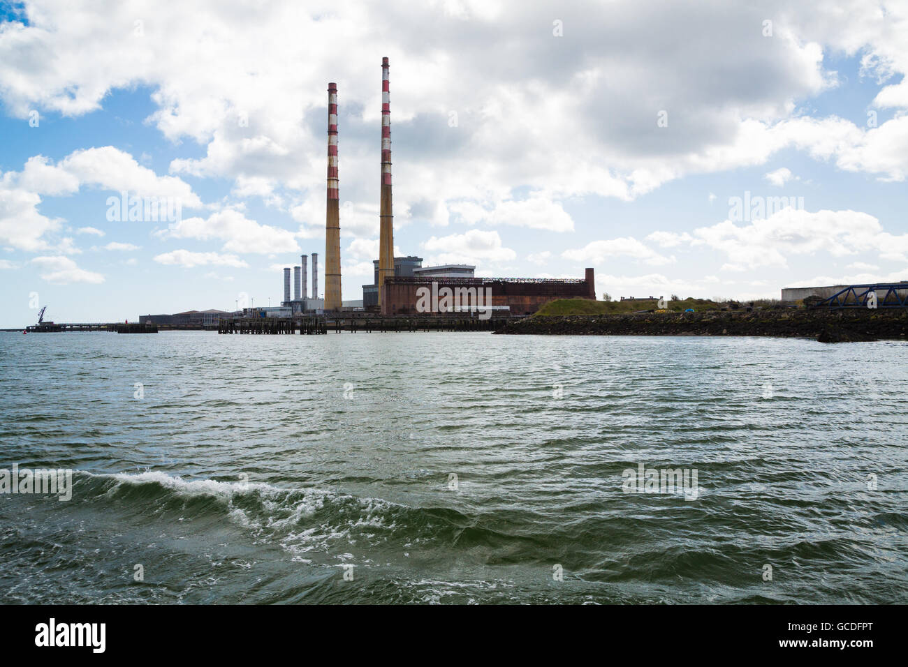 The Poolbeg chimneys viewed from a boat in Dublin bay, Dublin, Ireland