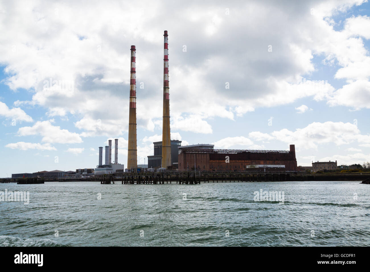 The Poolbeg chimneys viewed from a boat in Dublin bay, Dublin, Ireland