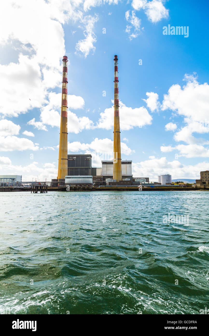 The Poolbeg chimneys viewed from a boat in Dublin bay, Dublin, Ireland