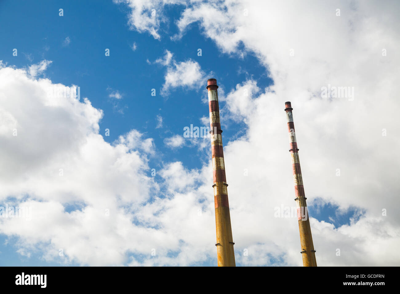 The Poolbeg chimneys viewed from a boat in Dublin bay, Dublin, Ireland