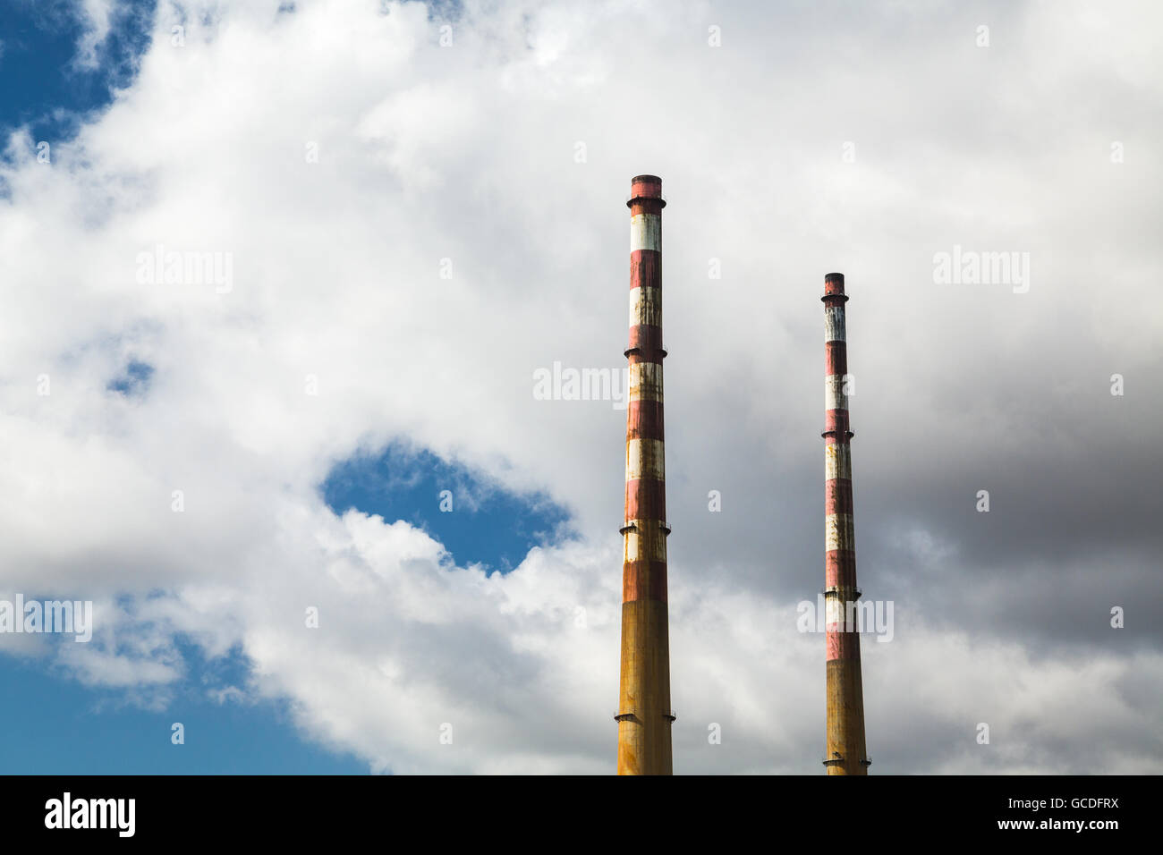 The Poolbeg chimneys viewed from a boat in Dublin bay, Dublin, Ireland