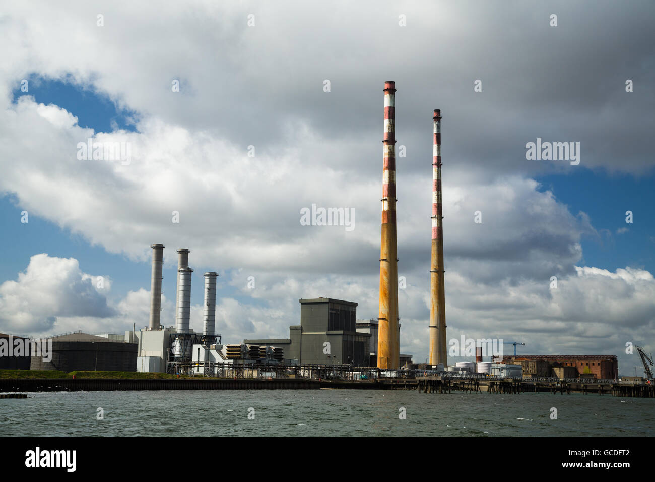 The Poolbeg chimneys viewed from a boat in Dublin bay, Dublin, Ireland