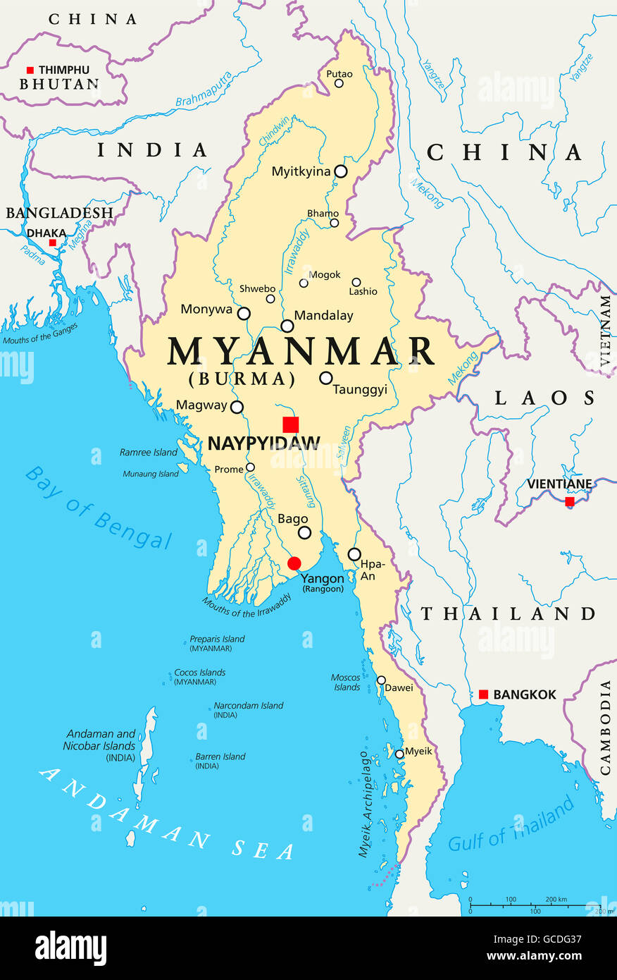 Myanmar political map with capital Naypyidaw, national borders, important cities, rivers and lakes. Also called Burma. Stock Photo