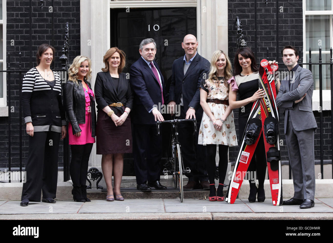 Prime Minister Gordon Brown and wife Sarah meet Sport Relief celebrity challengers (from left) Miranda Hart, Helen Skelton, Lawrence Dallaglio, Fearne Cotton, Christine Bleakley and Jimmy Carr, who have raised money as part of Sport Relief, outside No 10 Downing Street in central London. Stock Photo