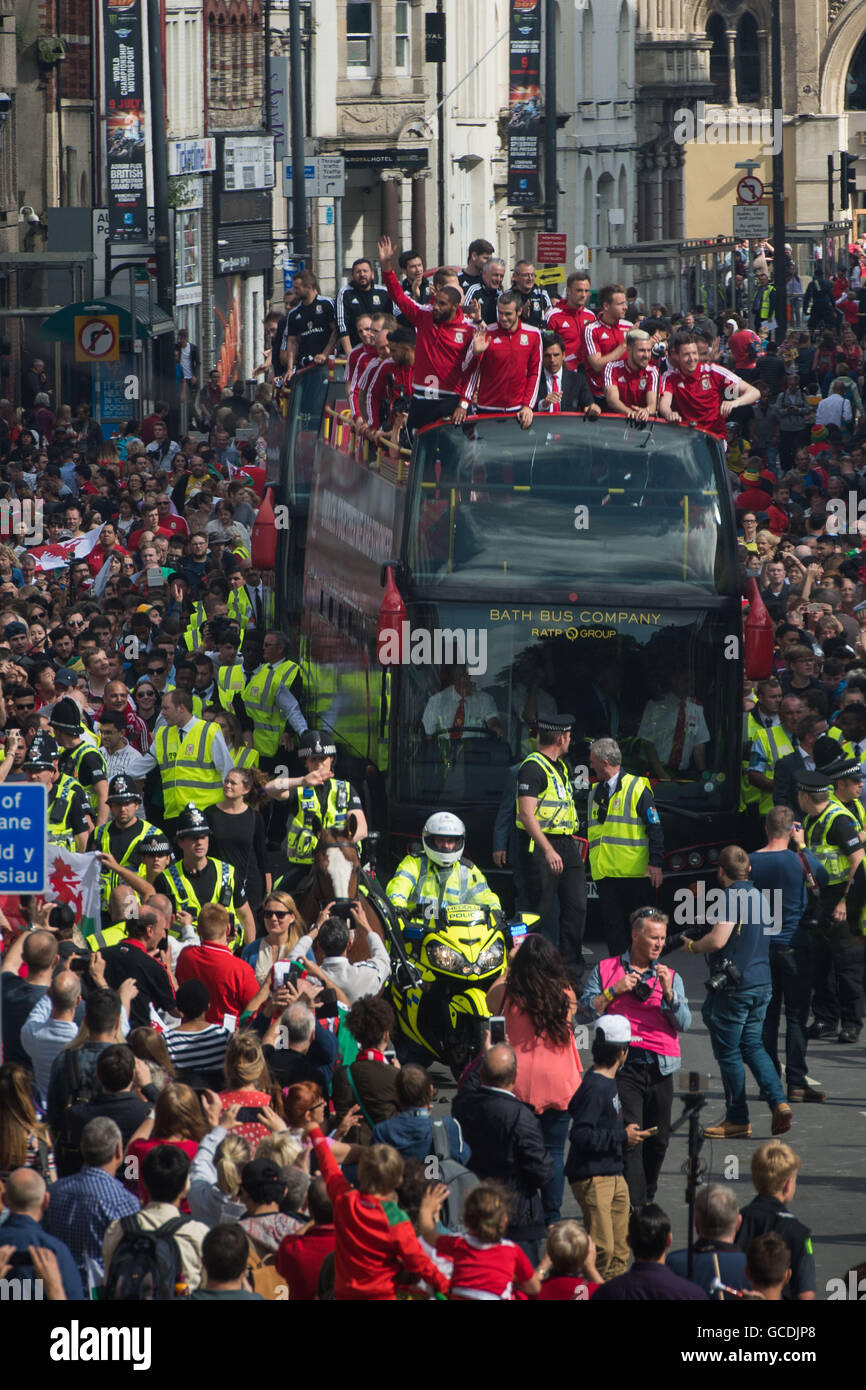 The Welsh football team are welcomed home with a public celebration event in Cardiff after reaching the semi-finals of Euro 2016 Stock Photo