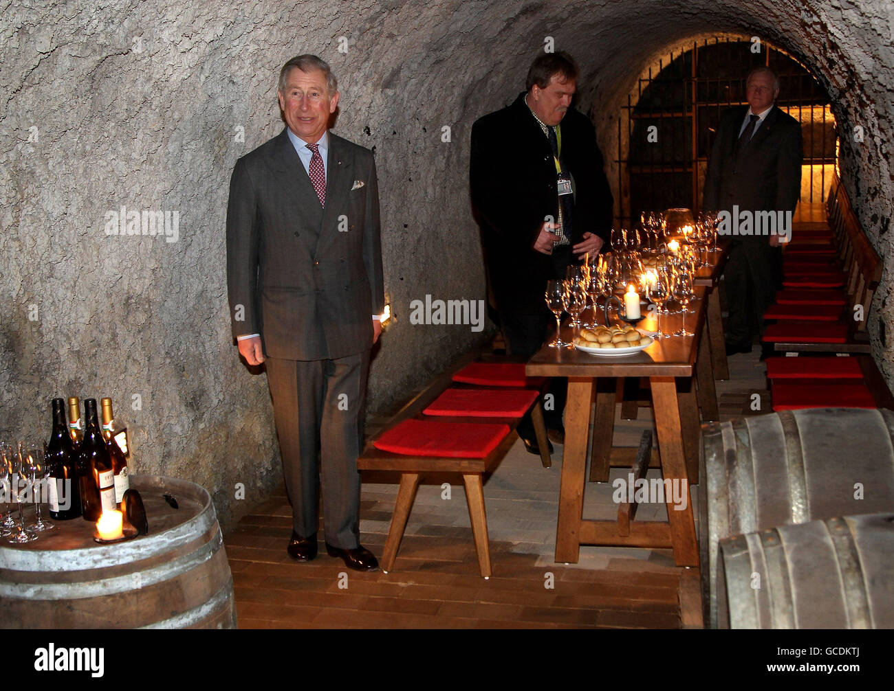 Prince of Wales after tasting wine in a cellar as he visits the open air museum of Skanzen in Budapest, Hungary. Stock Photo