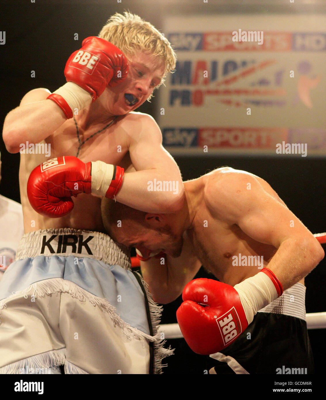 Boxing - Super Featherweight Bout - Kirk Goodings v Pavels Senkovs - Indoor Sports Centre. Kirk Goodings (right) on his way to beating Pavels Senkovs during the super featherweight bout at the Indoor Sports Centre, Leigh. Stock Photo