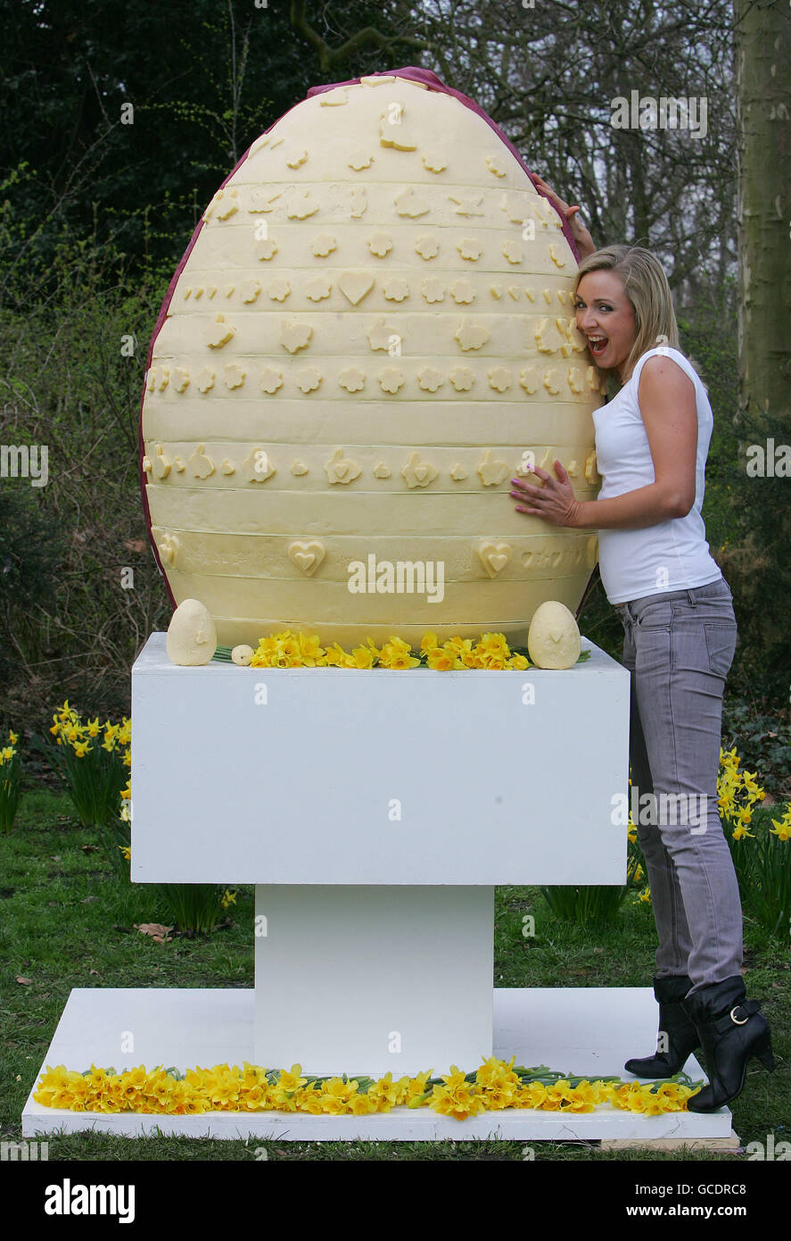 Model Charmian Carver-Hill takes a bite out of a Cathedral City 'Cheester Chegg', as Cathedral City announces a campaign to get 'Cheester Cheggs' (cheese Easter eggs) in store for Easter next year, Sunday 28 March 2010. Stock Photo