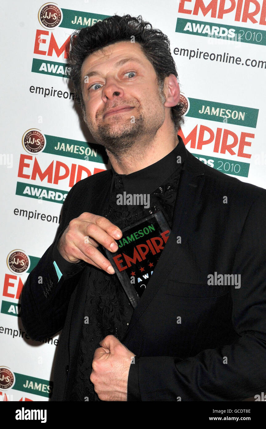 Andy Serkis poses with the Empire Inspiration award at the Jameson Empire Awards 2010 held at the Grosvenor House Hotel in central London. Stock Photo