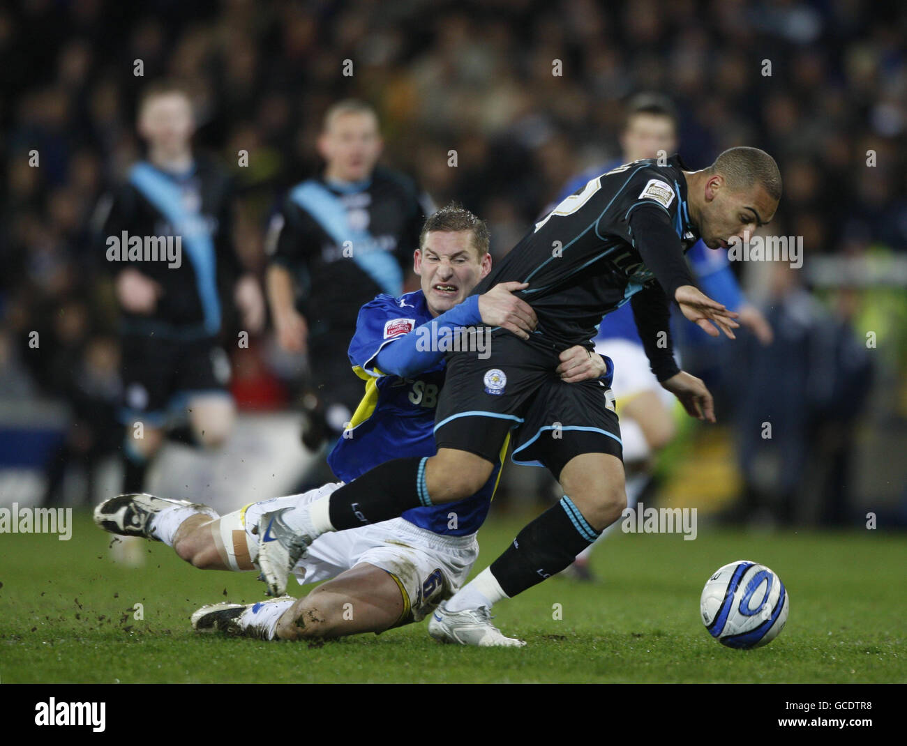 Leicester City's James Vaughan is pulled down by Cardiff City defender Gabor Gyepes and leading to him being red carded during the Coca-Cola Championship match at Cardiff City Stadium, Cardiff. Stock Photo