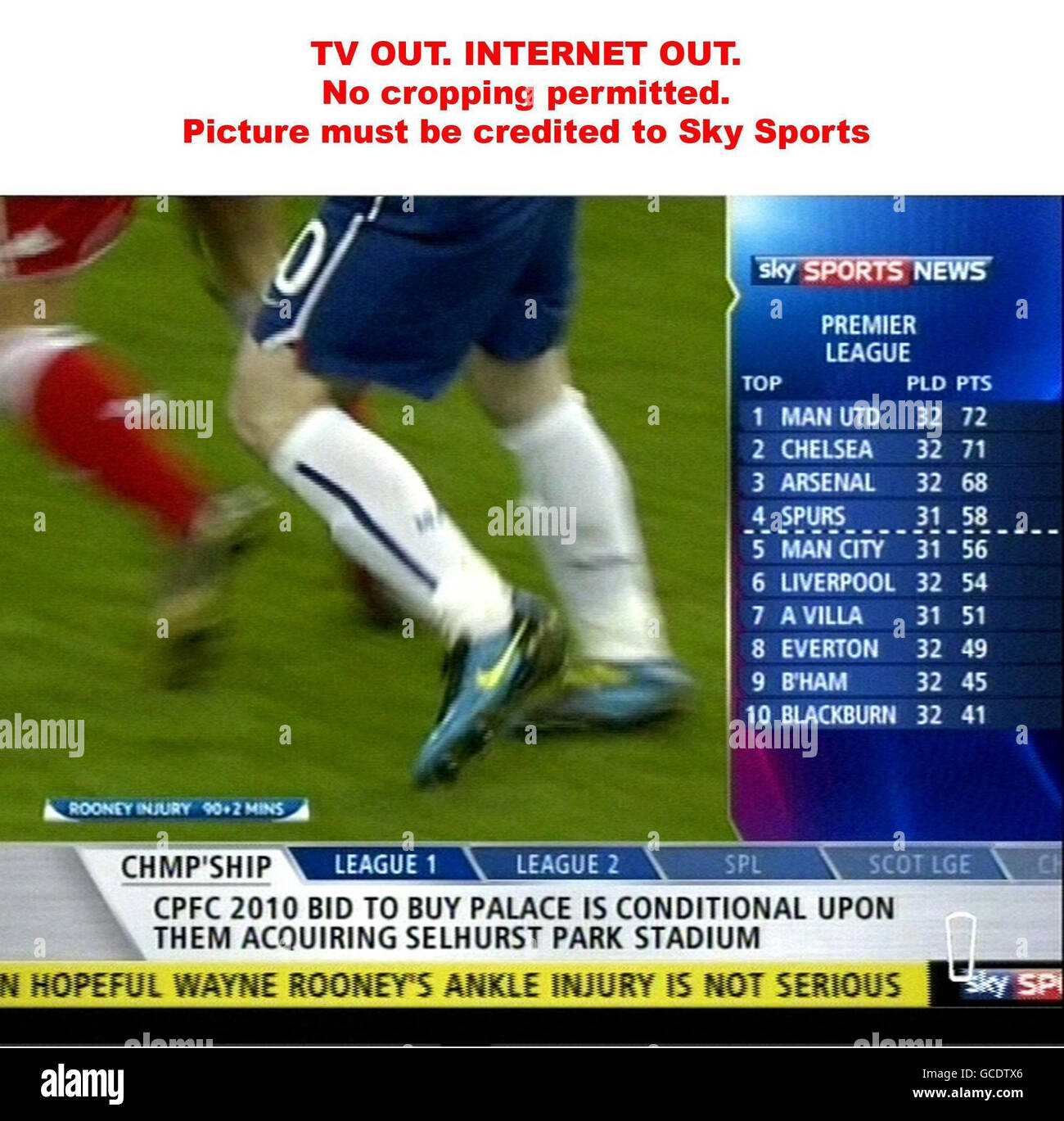 TV OUT. INTERNET OUT. No cropping permitted. Picture must be credited to Sky Sports. We are advised that videograbs should not be used more than 48 hours after the time of original transmission, without the consent of the copyright holder. Video grab taken from Sky Sports of Manchester United Wayne Rooney appearing to twist his ankle during the Champions League, Quarter Final, First Leg match at the Allianz Arena, Munich, Germany. Stock Photo