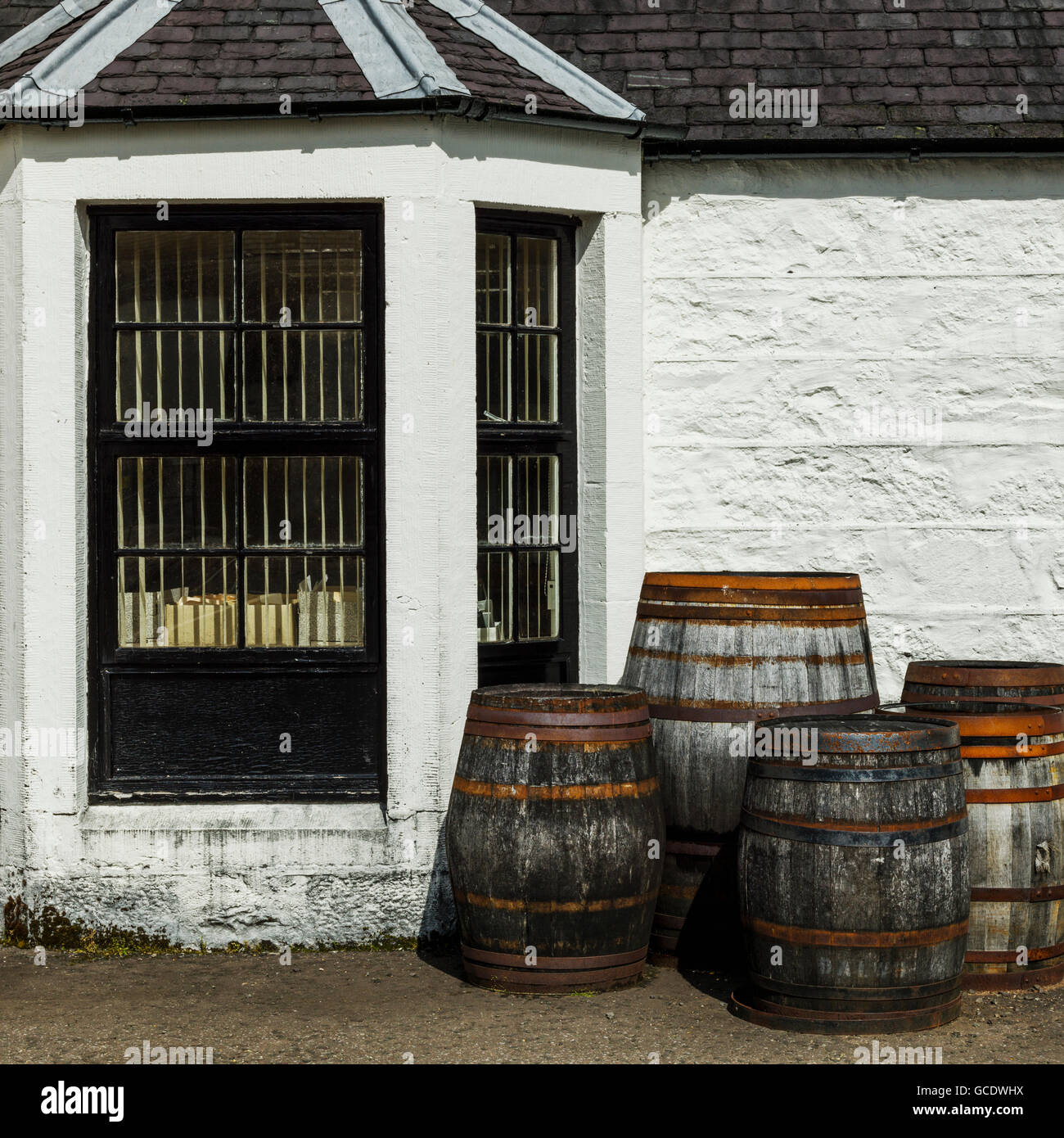 Barrels outside Dalwhinnie distillery; Dalwhinnie, Scotland Stock Photo