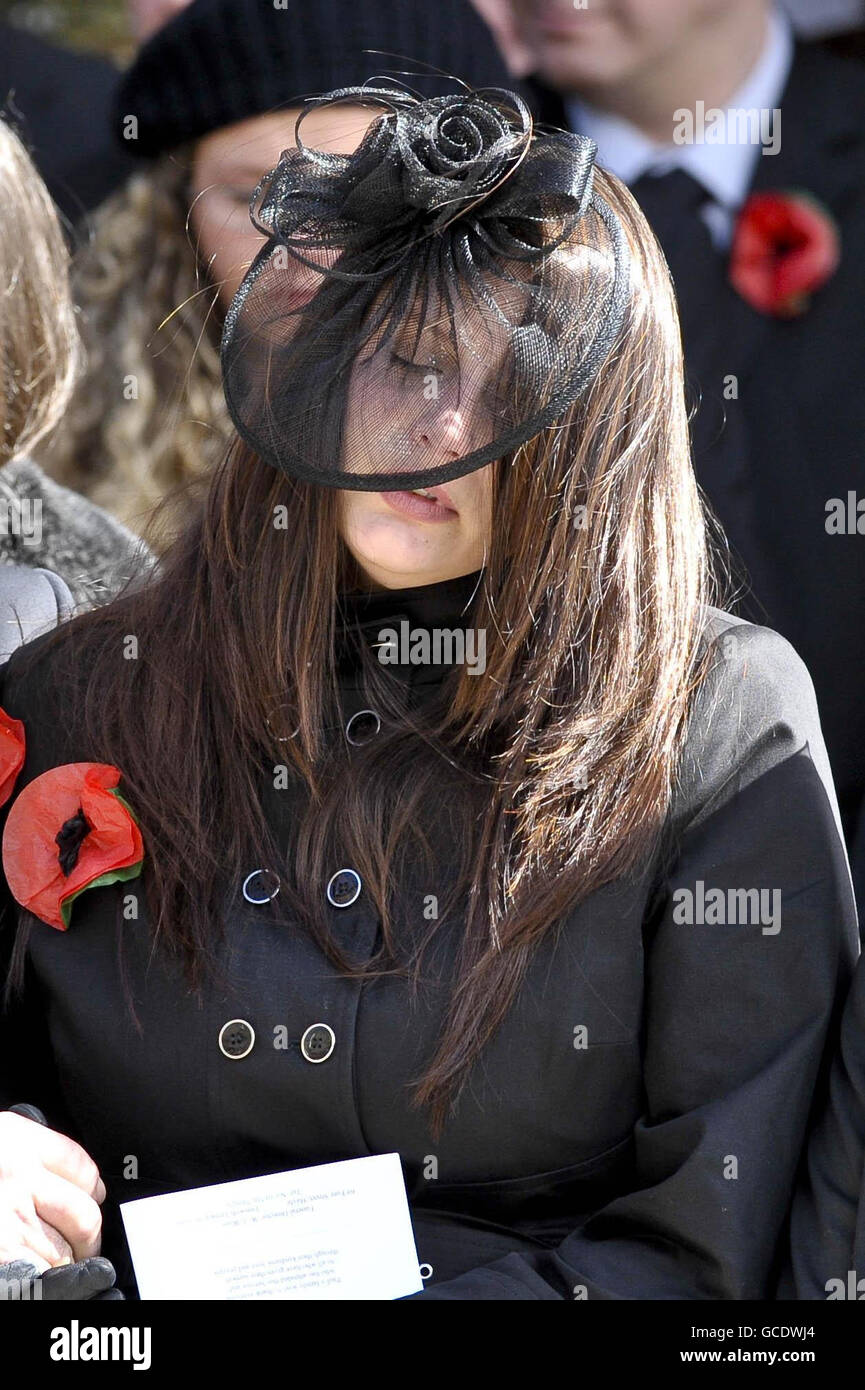 Charlotte Fox, widow of Sergeant Paul Fox from 28 Engineer Regiment, attached to the Brigade Reconnaissance Force, attends his funeral service at St Ia's Church, St Ives, Cornwall. Stock Photo