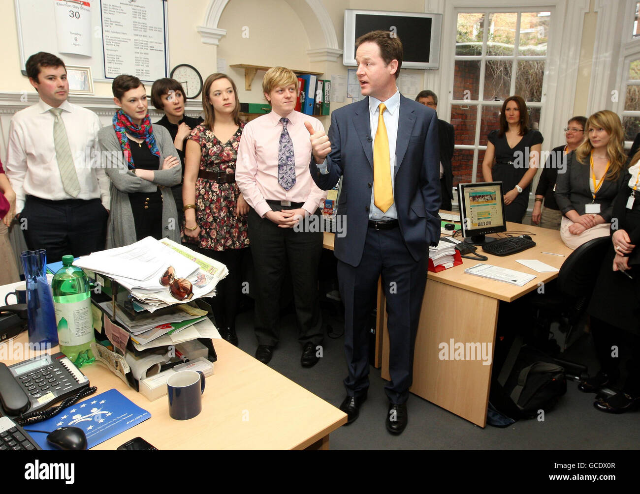 Liberal Democrat Leader Nick Clegg speaks to party workers at the Liberal Democrat Head Office, Westminster, London. Stock Photo