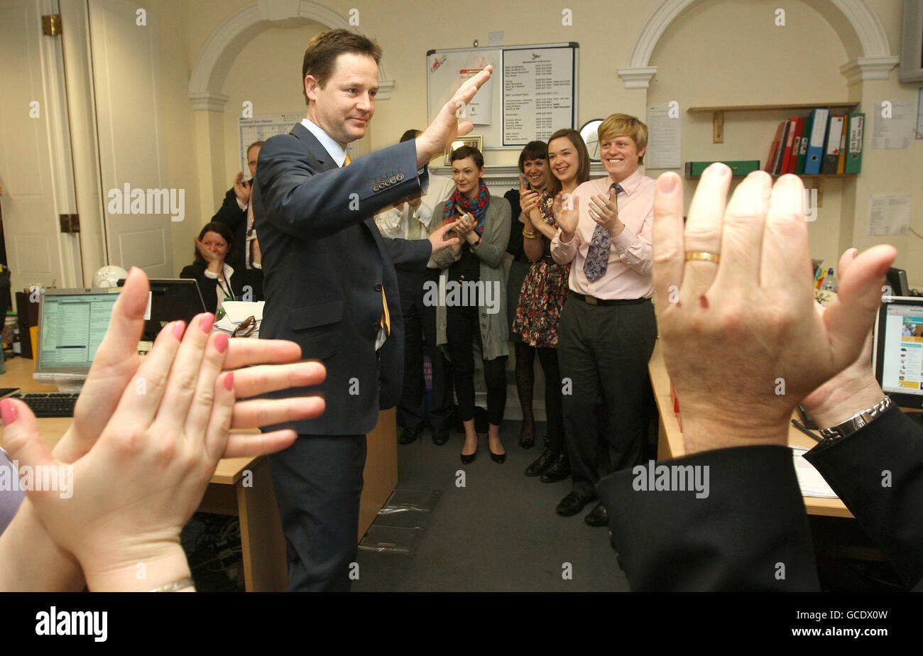 Liberal Democrat Leader Nick Clegg speaks to party workers at the Liberal Democrat Head Office, Westminster, London. Stock Photo