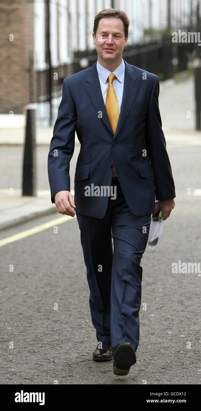 Liberal Democrat Leader Nick Clegg arrives at the Liberal Democrat Head Office, Westminster, London. Stock Photo