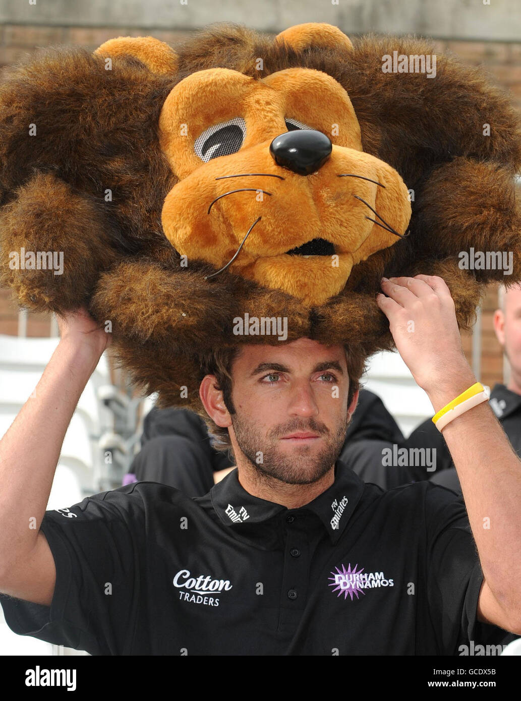 Durham's Liam Plunkett jokes around with Chester the mascot during a media session at the Riverside Stadium, Durham. Stock Photo