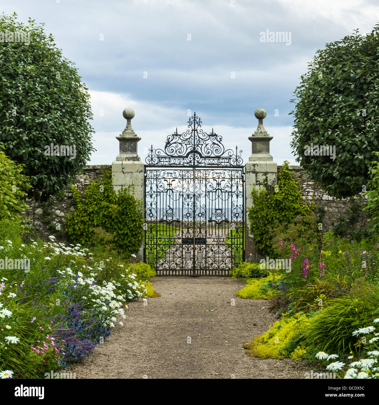 Gates in the gardens of Dunrobin Castle; Golspie, Scotland Stock Photo