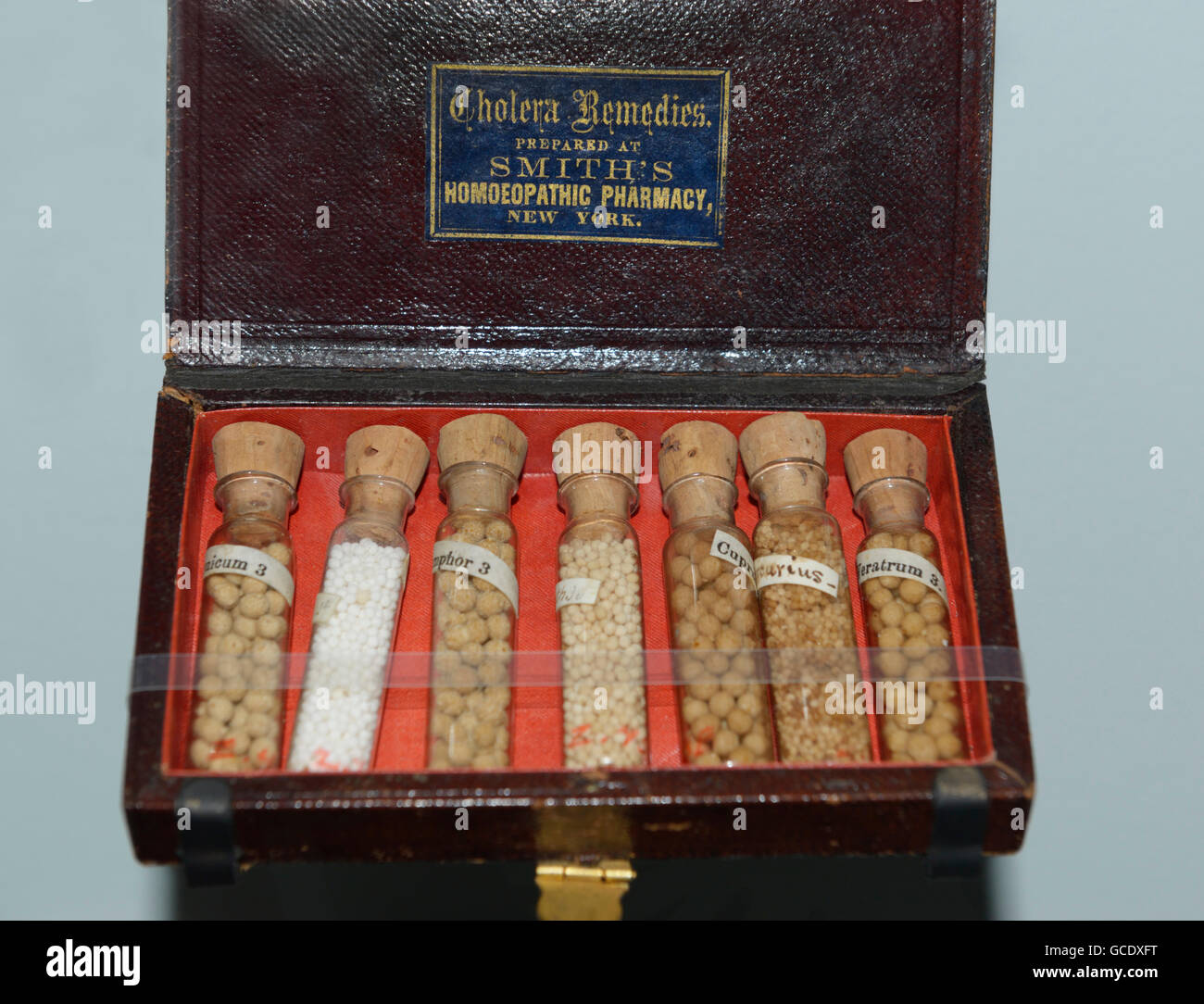 Box of homeopathic remedies, 1870-1900, for treating cholera Stock Photo