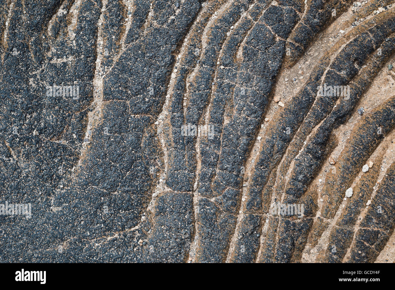 Detail of weathered pahoehoe or ropy lava forming the surface of a public footpath between Aldea Blanca and San Miguel, Tenerife Stock Photo
