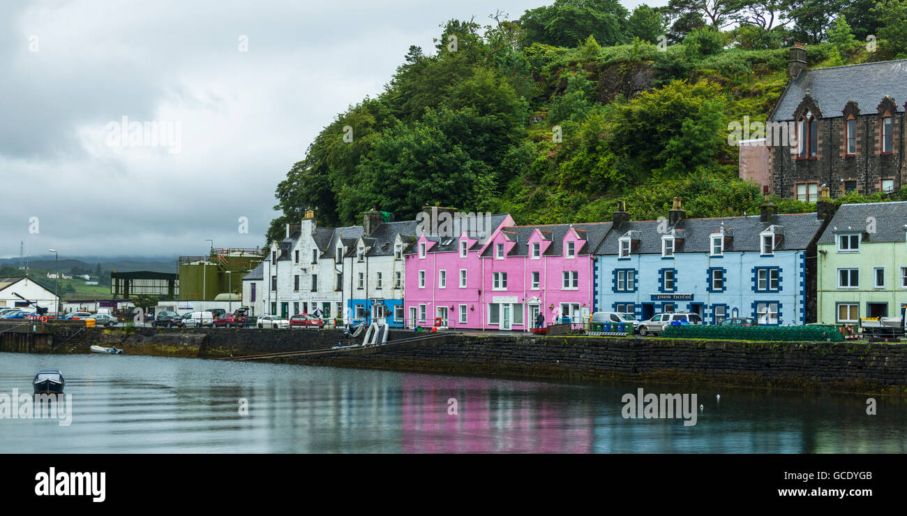Colourful buildings along the harbour; Skye Island, Scotland Stock Photo