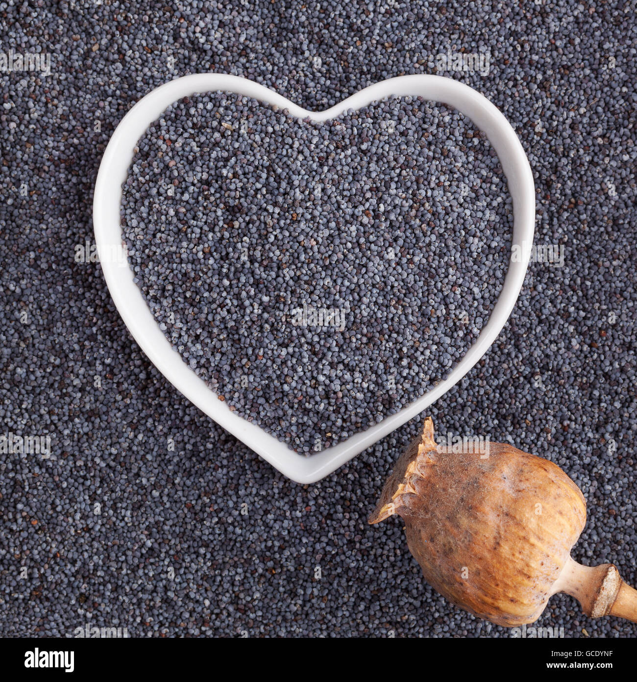 Poppy seed background. Poppy seeds in heart shaped bowl, top view