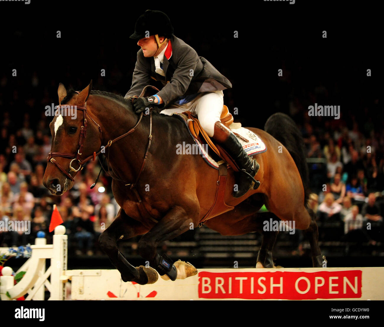 Second Place Robert Whitaker on USA Today in tonight's final of the British Open Show Jumping Championships of the British Open Show Jumping Championships at the NEC, Birmingham. Stock Photo