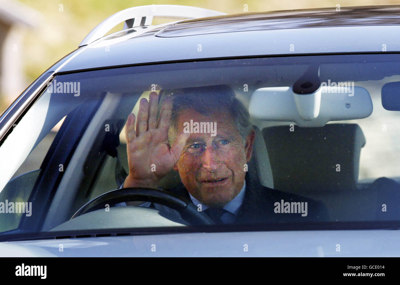 The Prince of Wales leaves Craithie Kirk in Balleter, Scotland, after attending a Sunday Service. Stock Photo