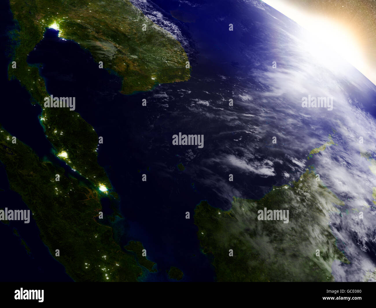 Malaysia region from Earth's orbit in space during sunrise. 3D illustration with highly detailed realistic planet surface. Eleme Stock Photo