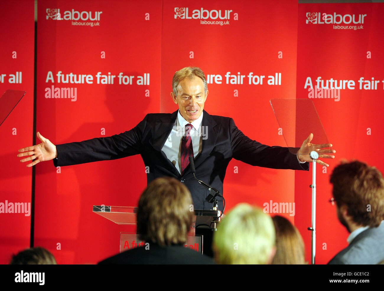 Former Prime Minister Tony Blair addresses party members at the Trimdon Labour Club in Sedgefield, County Durham, in a regional campaign speech. Stock Photo