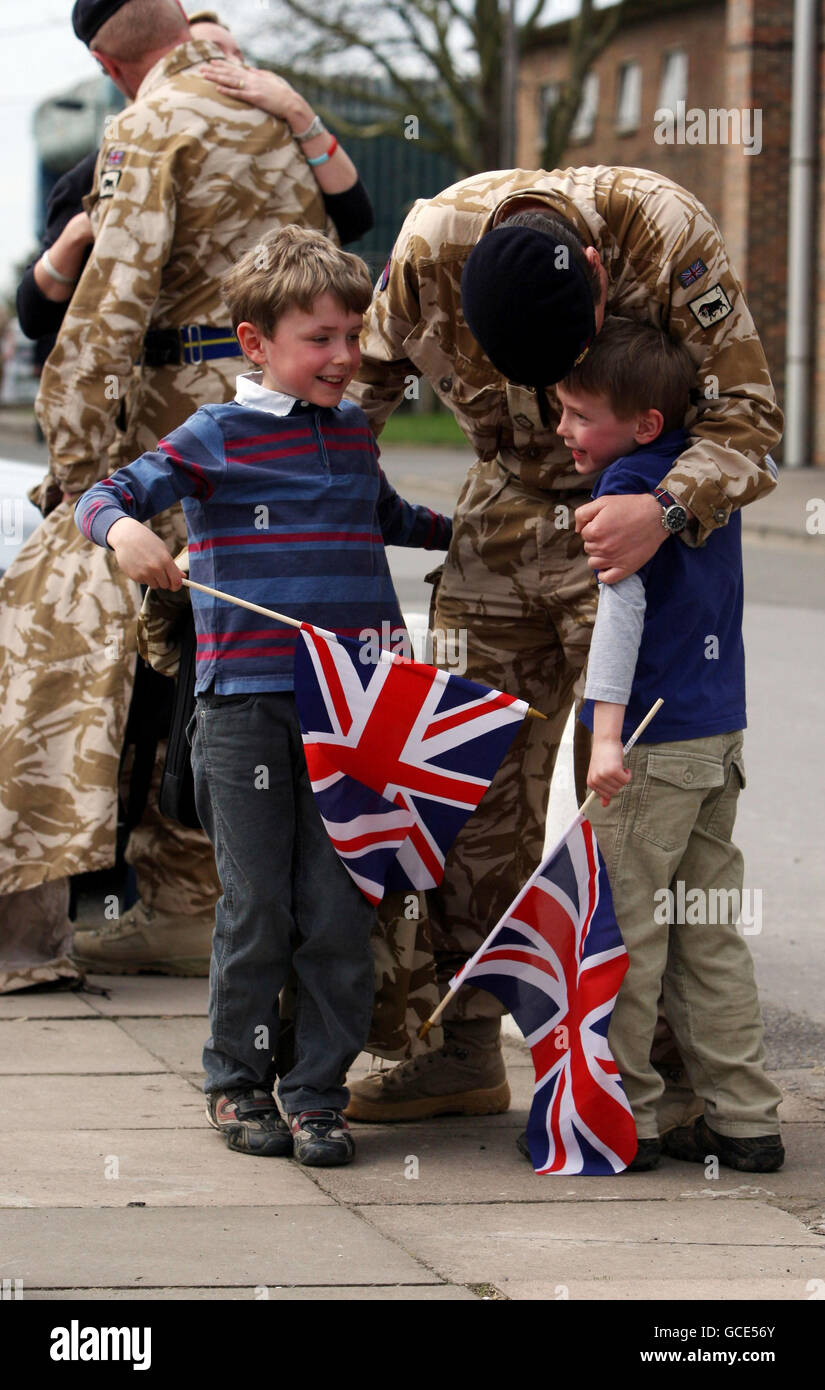 The Headquarter Squadron of the Household Cavalry arrive home from their tour of Afghanistan to their barracks in Windsor, Berkshire. Stock Photo