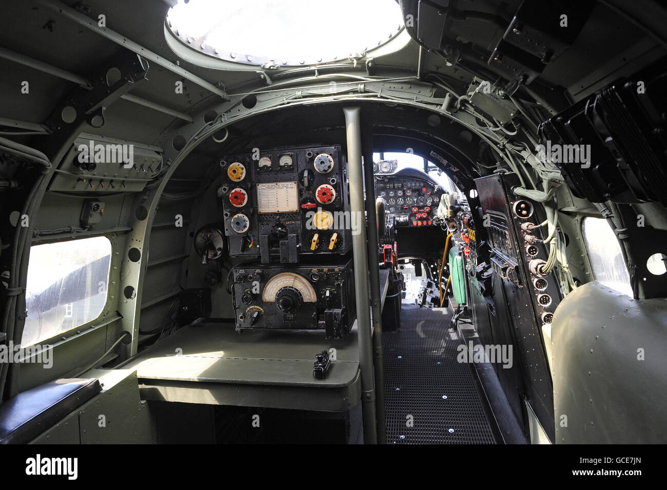A general view showing the cramped interior working area of the World War Two Avro Lancaster NX611 'Just Jane' at the Lincolnshire Aviation Centre, East Kirkby. Stock Photo