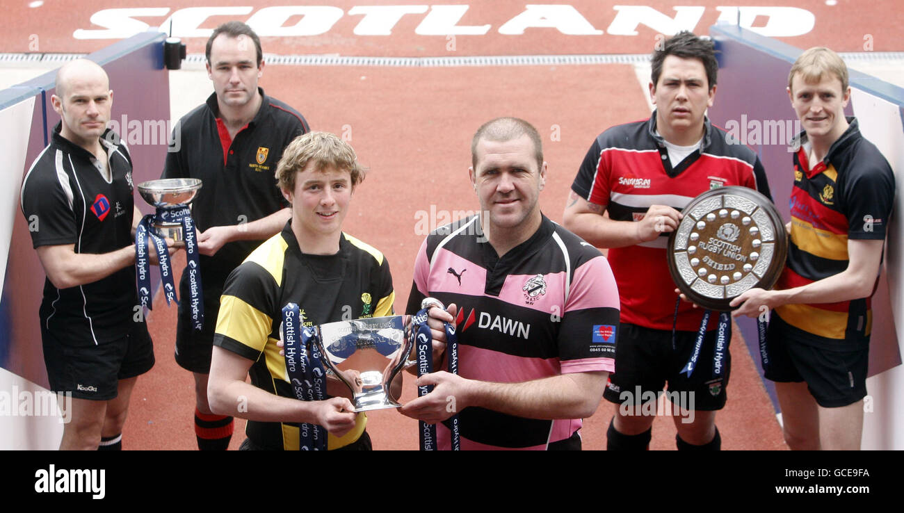 (Left to right) Strathmore's Gary Wood, North Berwick's Cameron Ewer, Melrose's Scott Wight, Ayr's Damien Kelly, Lasswade's Mark Billingham and Greenock Wanderers' David Watson during the Scottish Hydro Cup Final Photo Call at Murrayfield, Edinburgh. Stock Photo