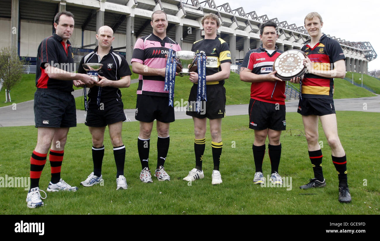 (Left to right) North Berwick's Cameron Ewer, Strathmore's Gary Wood, Ayr's Damien Kelly, Melrose's Scott Wight, Lasswade's Mark Billingham and Greenock Wanderers' David Watson during the Scottish Hydro Cup Final Photo Call at Murrayfield, Edinburgh. Stock Photo