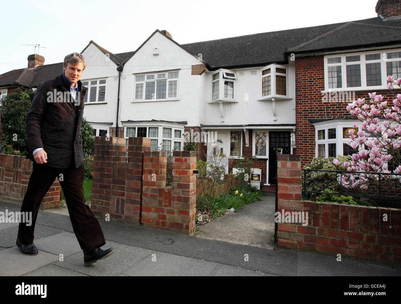 Conservative parliamentary candidate Zac Goldsmith campaigns in Tudor near Kingston upon Thames, south west London, ahead of the General Election on May 6. Stock Photo