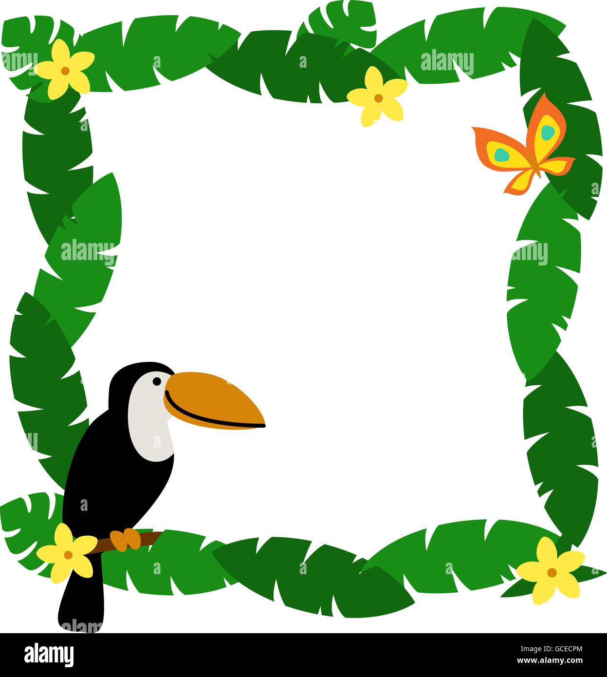 Border with palm leaves and cute cartoon smiling toucan Stock Vector Image  & Art - Alamy