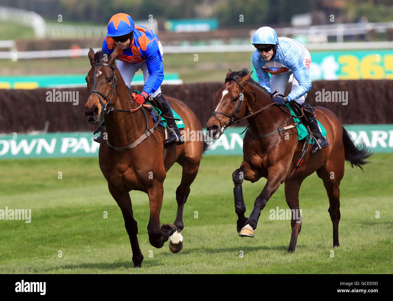 Twist Magic (left) ridden by jockey Sam Thomas leads from I'm So Lucky ridden by jockey Tom Scudamore during The bet365.com Celebration Steeple Chase Stock Photo