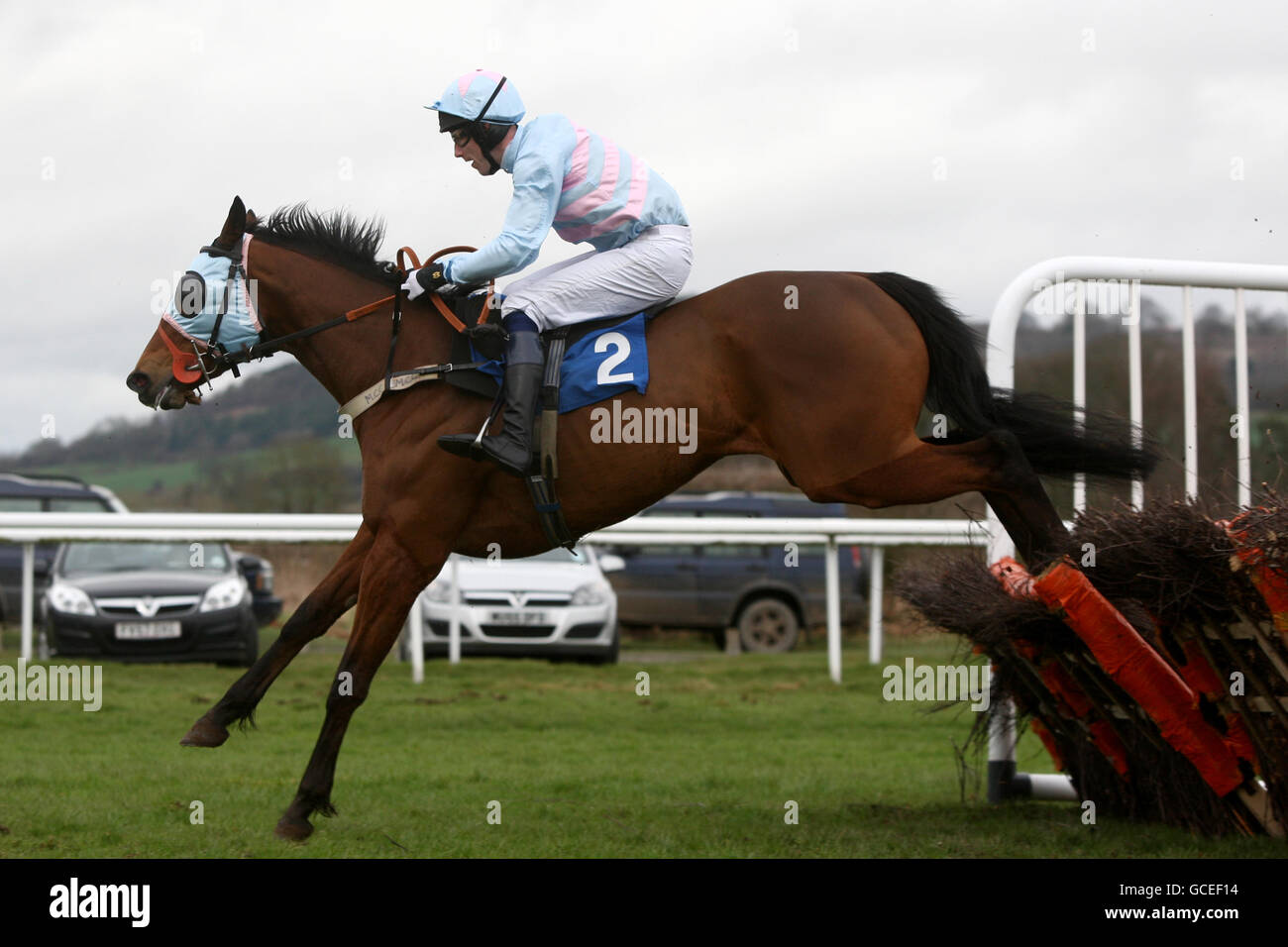 Jockey Steven Gagan on Royal Max jumps the last in the Ludlow Racing Partnership Handicap Hurdle Stock Photo