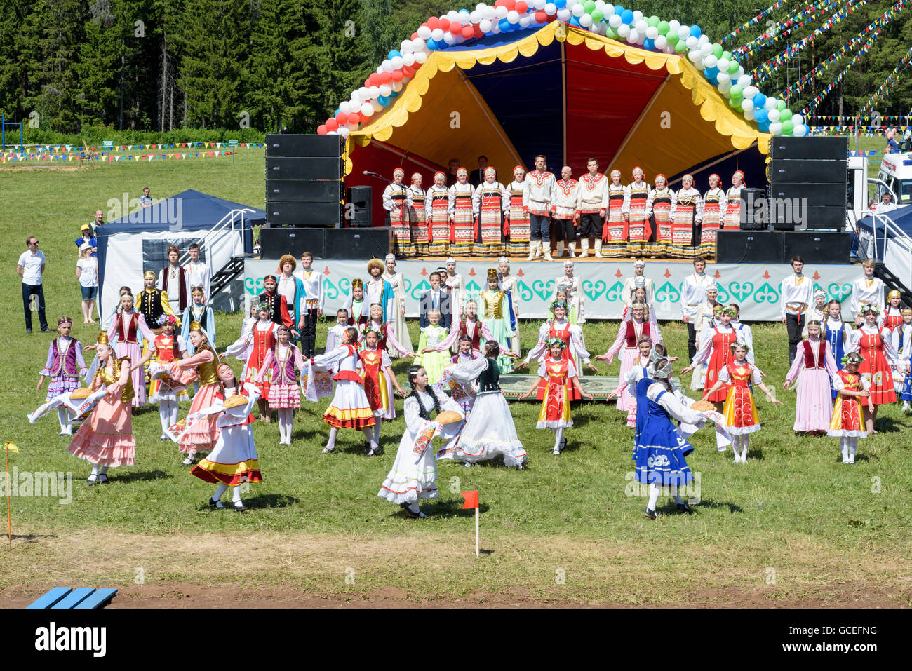 Stage performers of various national dress at Sabantuy in Russia in 2016 Stock Photo
