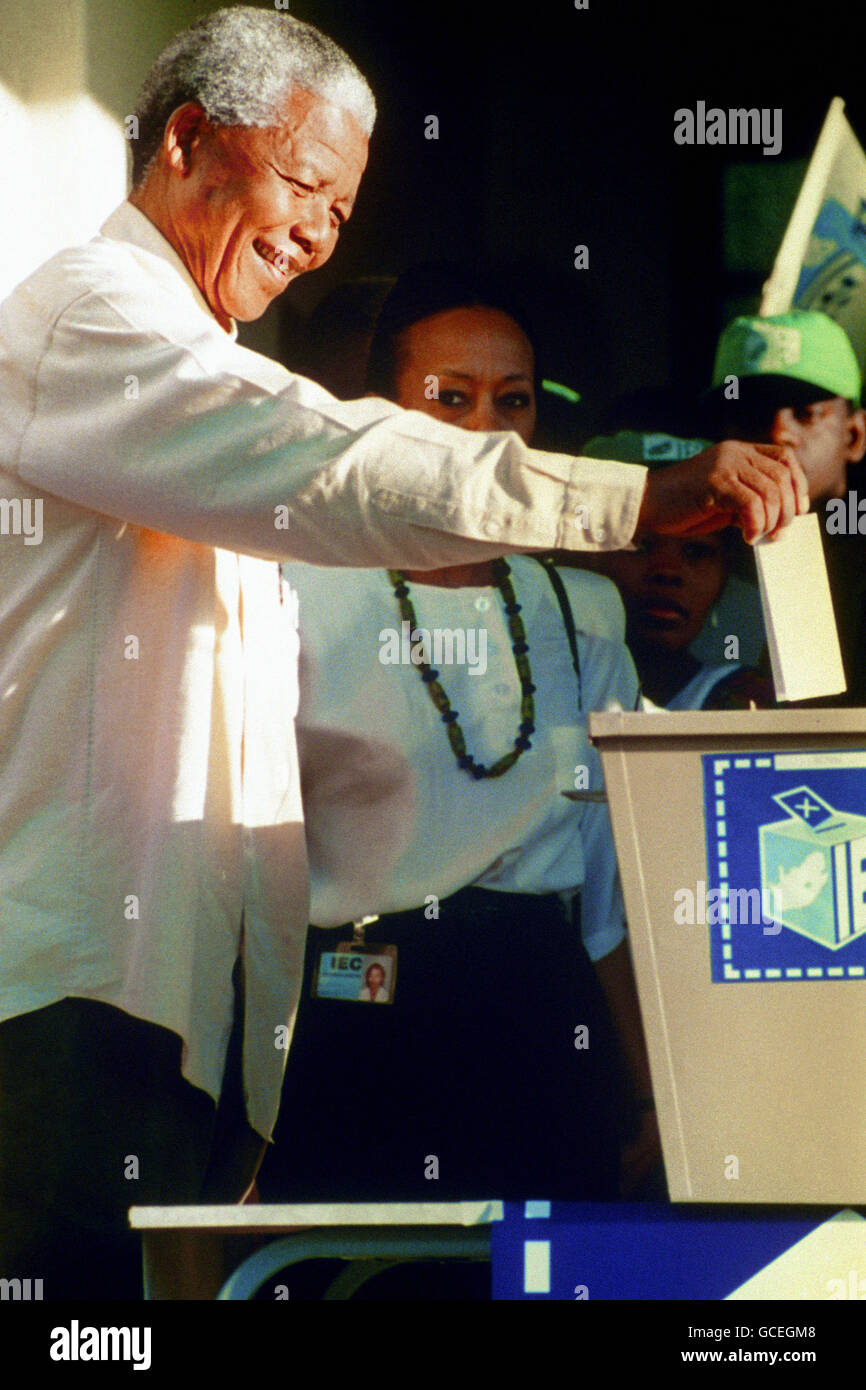 ANC President Nelson Mandela casts his vote in the black township of Oshlange, near Durban, in the first all race elections. Stock Photo
