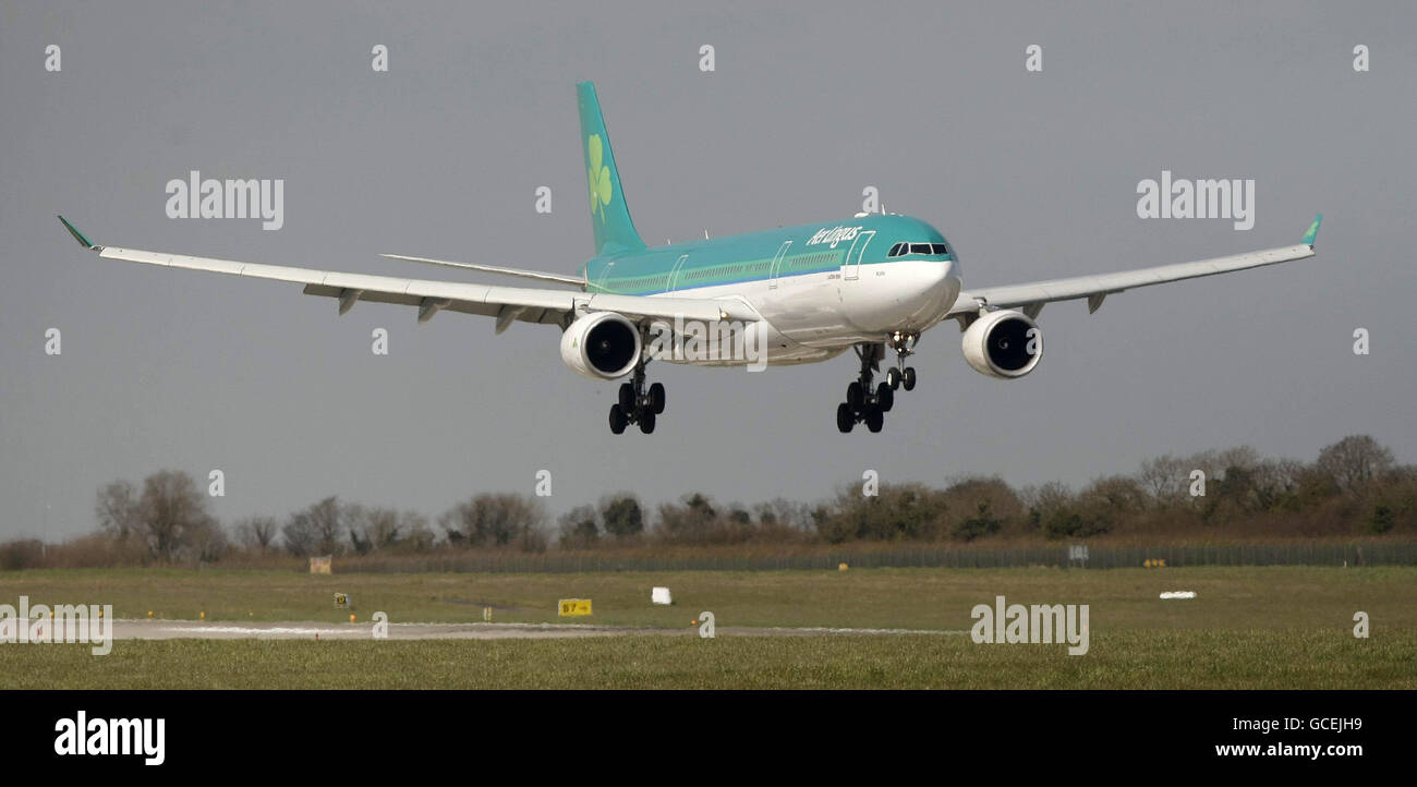 An Aer Lingus flight from New York lands at Dublin airport as the Irish