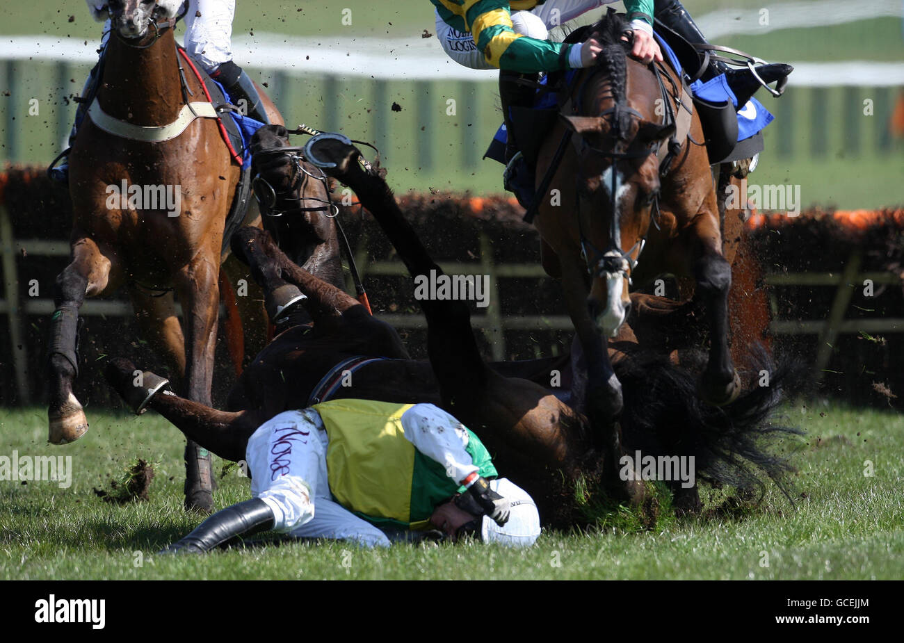 Larks Lad riden by Barry Geraghty falls in the Artemis, The Profit Hunter Supporting Poppyscotland Novices' Handicap Hurdle Race during the Coral Scottish Grand National Festival at Ayr Racecourse, Ayr. Stock Photo
