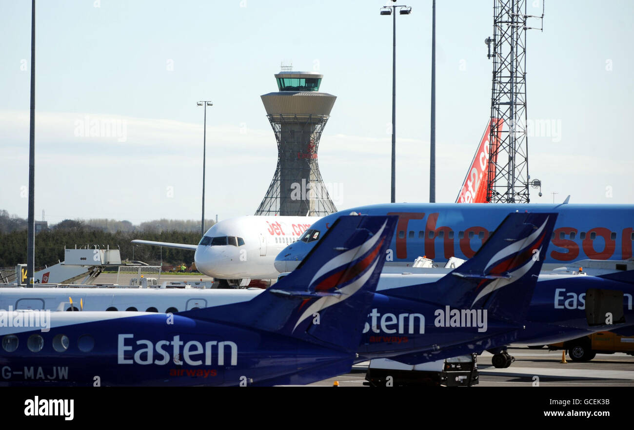 Planes at Newcastle airport which officially re-opened at 7am this morning, with the first flight due to arrive at 9.20am from Aberdeen. Stock Photo