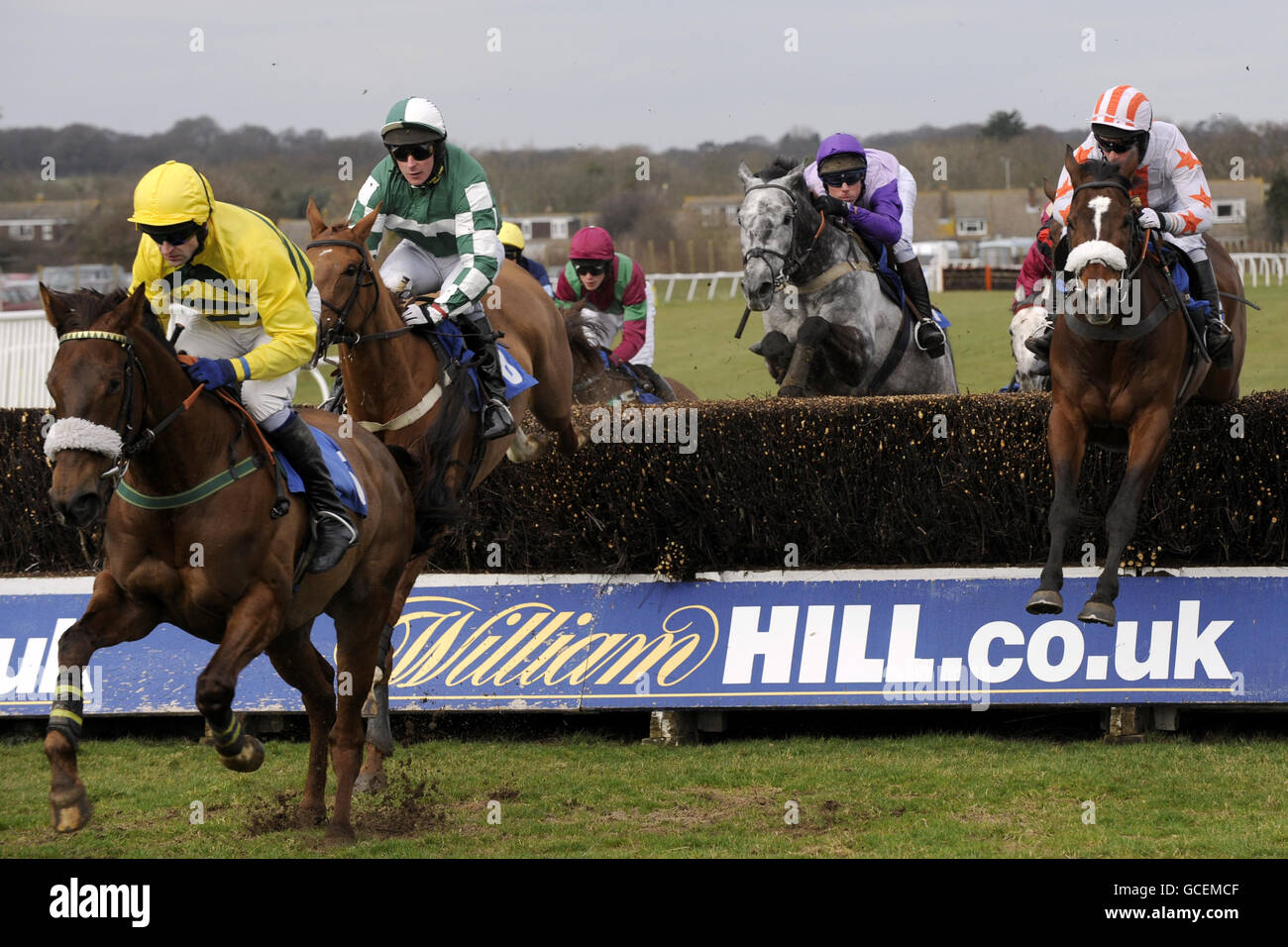 She's Humble, ridden by Andrew Thornton during The At The Races Novices' Handicap Steeple Chase during the At The Races Raceday at Plumpton Racecourse, East Susse Stock Photo