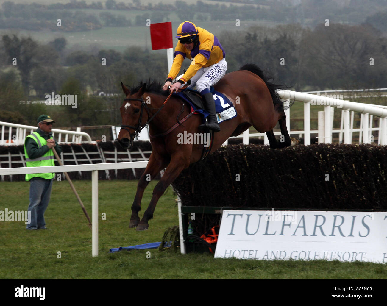 Cuan Na Grai ridden by Alain Cawley goes on to win the Eventus Marquees Novice Chase during the Punchestown Festival at Punchestown Racecourse, Dublin, Ireland. Stock Photo