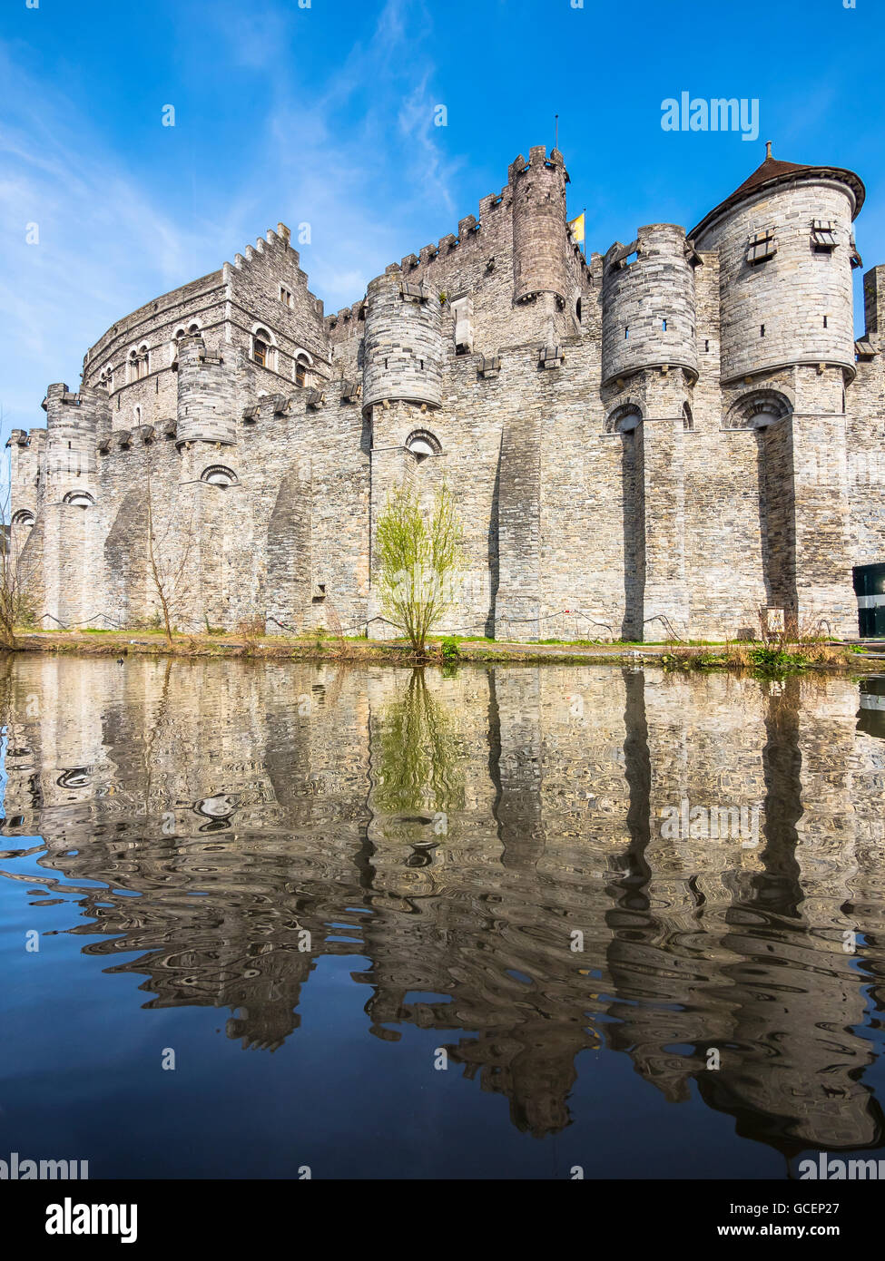 Medieval castle Gravensteen, River Leie, Ghent, Flanders, Belgium Stock Photo