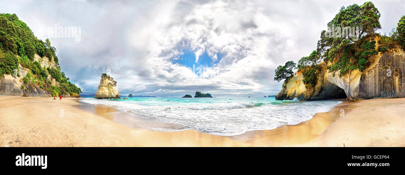 Cathedral Cave Beach with detached calcareous sandstone rocks and cave entrance of the Cathedral